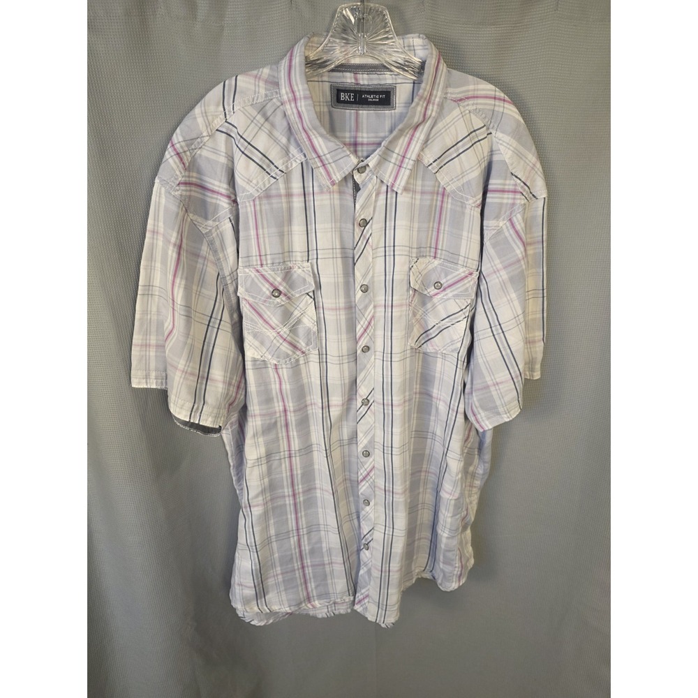 BKE Mens XXXL Athletic Fit Pearl Snap Front White Blue Plaid with Short Sleeves